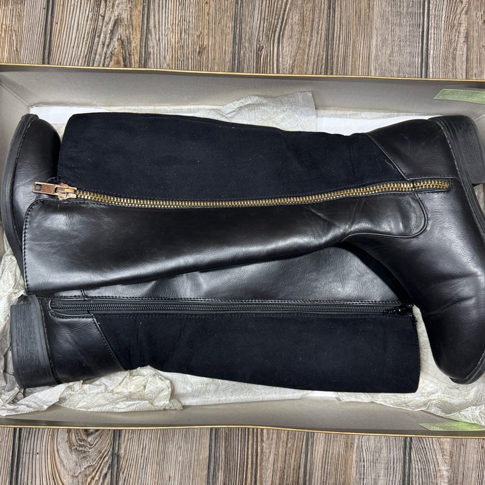 Black Knee-High Leather Boots with Gold Zipper